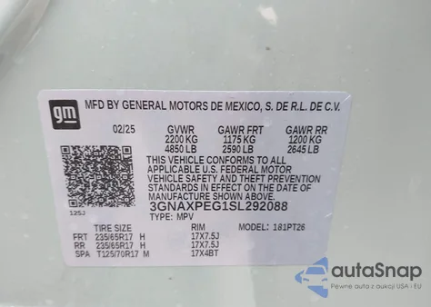 2025 Chevrolet Equinox Awd Lt из США, поврежденный, VIN 3GNAXPEG1SL292088